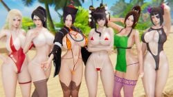 16:9_aspect_ratio 3d 6+girls 6girls apron asian_female beads bikini bikini_bottom bikini_top black_hair black_pubic_hair black_swimsuit blonde_hair blurry_background blush bra breasts brown_eyes brown_hair capcom clothing crossed_arms crossover dead_or_alive erect_nipples erect_nipples_under_clothes eyepatch eyeshadow facial_mark fatal_fury fate/grand_order fate_(series) female female_only forehead_mark glasses green_eyes group_photo group_shot hadaka_apron hair_ornament hand_in_hair hands_on_hips headwear heart_shape high_resolution honey_select huge_breasts jewelry juri_han king_of_fighters large_breasts legwear lifeguard light-skinned light-skinned_female light_smile lipstick looking_at_viewer makeup mascara megane microkini minamoto_no_raikou_(fate) minikini momiji_(ninja_gaiden) multiple_girls naruto necklace ninja_gaiden nipples nyotengu one-piece_swimsuit one_arm_up pale-skinned_female pale_skin palm_tree pantsu parted_lips partially_visible_nipples pink_nipples pixiv ponytail pubic_hair purple_eyes purple_legwear purple_lingerie purple_thighhighs purple_thong red_bikini red_bikini_bottom red_bikini_top red_bra red_lips red_lipstick red_nail_polish red_nails red_panties red_swimsuit red_thong red_underwear sharp_nails short_hair sling_swimsuit standing stockings street_fighter swimsuit thighhigh_stockings thighhighs thong tied_hair tree tsunade underwear wafuku white_bikini white_bikini_bottom white_bikini_top white_bra white_panties white_swimsuit white_thong white_underwear yellow_eyes yellow_swimsuit