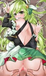 1boy ^^^ anus ass ass_grab back_cutout black_hairband black_sleeves blush bow breasts censored clenched_teeth clothing_cutout detached_sleeves doggy_style elsword female frills grabbing_another's_ass green_eyes green_hair green_skirt groping hair_ornament hairband juliet_sleeves large_breasts long_hair long_sleeves looking_at_viewer looking_back mosaic_censoring motion_lines no_panties penis puffy_sleeves rena_erindel sex skirt straight sula_(s_ra760) sweat tale_spinner_(elsword) teeth vaginal_penetration white_bow