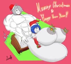 abs cartoony christmas christmas_decorations commission cumflation daniel_(salvidin) freckles freckles_on_ass freckles_on_breasts from_behind grey_body grey_nipples grey_skin hyper hyper_belly hyper_breasts megabippy muscular_male noseless olozva santa_hat television tiddy_(megabippy)