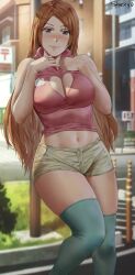 1girls artist_signature bleach booty_shorts breasts cleavage_window female female_only fully_clothed hi_res hips inoue_orihime large_breasts light-skinned_female light_skin long_hair orange_hair outdoors pale-skinned_female shexyo short_shorts shorts slim_waist solo solo_female thick_thighs thighs wide_hips