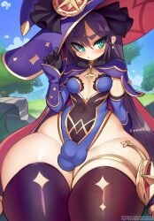 1futa 2022 ball_bulge balls balls_in_panties balls_under_clothes black_hair bottom_heavy breasts bulge clothed clothing dickgirl flaccid futa_only futanari genshin_impact gigantic_hips green_eyes hat hi_res highleg_leotard hips horny huge_ass huge_hips huge_thighs human intersex krokobyaka large_hat leotard light-skinned_futa light_skin long_hair mona_(genshin_impact) mostly_clothed outdoors panties panty_bulge penis penis_bulge penis_in_panties penis_under_clothes small_breasts solo source_request thick_thighs thighhighs thighs twintails wide_hips witch_hat