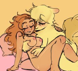 2girls alicia_(moomin) big_breasts breasts color completely_nude female female_only fur furry holding human human_on_anthro interspecies inverted_nipples long_hair nude nude_female orange_hair pillow snorkmaiden snufkins_sweat sweat tail tail_tuft the_moomins yellow_fur yuri