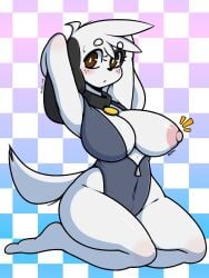 3:4 blush bra breasts canid canine canis clothing collar discovery_kids doki doki_(character) doki_(discovery_kids) doki_adventures domestic_dog female genitals hands_behind_head hi_res looking_at_viewer maiky_atk maiky_clenquer¡ mammal poking_out solo swimwear underwear