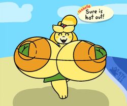 1girls animal_crossing animated beach bikini bikini_top bouncing_breasts dialogue happy huge_breasts hyper_breasts isabelle_(animal_crossing) mattthetooncat nintendo tagme walking