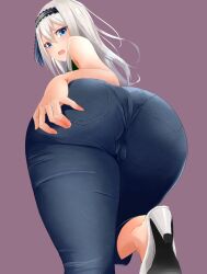 1girls alternate_ass_size ass ass_focus ass_grab big_ass blue_eyes cameltoe clothed clothed_female dat_ass embarrassed female female_only from_behind from_below high_heels huge_ass jeans kaguya-sama_wa_kokurasetai_~tensai-tachi_no_renai_zunousen~ looking_at_viewer looking_back pants pantylines shirogane_kei silver_hair solo solo_female thick_thighs third-party_edit tight_jeans tight_pants void3223 white_hair wide_hips