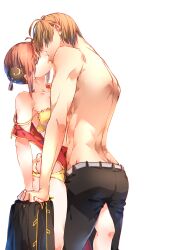 1boy 1girls bra bun_cover china_dress chinese_clothes closed_eyes female gintama hair_bun hand_holding hand_on_ass intimate kagura_(gintama) kissing male off_shoulder okita_sougo open_shirt orange_hair panties partially_undressed shorter_female taller_male topless_male undressing yellow_bra yellow_panties zhuhua44