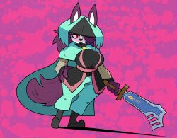 1girls absurd_res absurdres anthro big_breasts boots breasts cape cloudidoodles cosplay curvy dust:_an_elysian_tail dust_(character) eyelashes female frown furry hand_on_hip hat holding_weapon large_breasts long_hair looking_at_viewer open_mouth pants purple_hair red_eyes simple_background sword weapon wide_hips