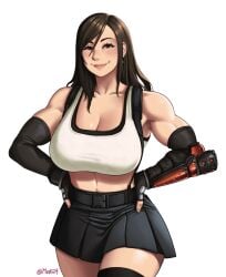 abs breasts brown_eyes brown_hair female final_fantasy final_fantasy_vii final_fantasy_vii_remake hand_on_hip highres large_breasts long_hair midriff mootium muscular muscular_female one_eye_closed shorts sports_bra square_enix sweat tank_top thick_thighs thighs tifa_lockhart towel wiping_sweat