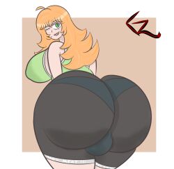 1futa ahoge ass back back_view backsack balls balls_under_clothes bending_over bent_over big_ass big_butt breasts clothed clothing freckles fully_clothed futa_only futanari ghagalaz green_eyes huge_ass huge_breasts human leggings light-skinned_futanari light_skin long_hair looking_back monze_(ghagalaz) red_hair solo sports_shorts sports_uniform standing thick_thighs wide_hips