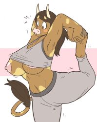 anthro armpits blush bovid bovine cow_horns horns molly_(slightlysimian) nipple_slip one_breast_out pink_nipples pink_nose slightlysimian stretching sweat_pants tail underboob wardrobe_malfunction yoga