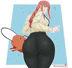 1girls ass back big_ass black_pants bottomwear braid breasts canine chainsaw_man clothing dat_ass female female_focus hair hips huge_ass large_ass looking_at_viewer looking_back makima_(chainsaw_man) necktie neckwear pants pochita_(chainsaw_man) red_hair shirt smile smug smug_face smug_smile thighs topwear white_shirt wide_hips yellow_eyes zeromomentai