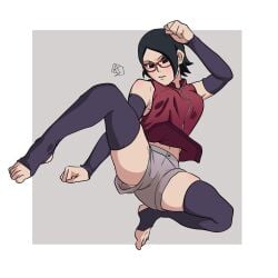 1girls aldwelter arm_warmers armwear ass bare_shoulders black_eyes black_hair black_socks blush booty_shorts boruto:_naruto_next_generations breasts clothed clothing female female_only foot_fetish fully_clothed glasses jacket legwear medium_breasts minishorts naruto naruto_(series) perky_breasts pinup sarada_uchiha short_hair short_shorts shorts shounen_jump sleeveless_shirt socks solo spread_legs spreading stockings thigh_socks thighhighs thighs toeless_legwear