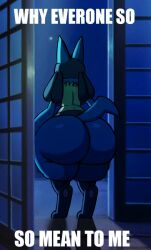 big_ass bubble_butt dumptruck_ass everyone_is_so_mean_2_me huge_ass inuzu lucario meme night pokemon pokemon_(species) standing standing_at_the_door tagme thick_thighs