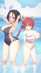 2girls 3d 3d_(artwork) big_breasts bikini curvy elma_(dragon_maid) elmast_ female female_only hand_on_breast hands_behind_head horns hyper_breasts ilulu_(dragon_maid) kobayashi-san_chi_no_maidragon miss_kobayashi's_dragon_maid shortstack twintails