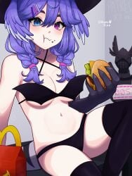 1girls 1other bare_shoulders bat_bikini bat_bra belly_button black_legwear black_panties blush_lines burger chann_pika_(chann_art) cleavage dragon dragon_girl dragon_hand eating ember_(selen_tatsuki) female food hair_wings head_wings heterochromia holding_object legwear light-skinned_female light_skin looking_at_viewer mcdonald's medium_breasts midriff navel nijisanji nijisanji_en panties purple_hair selen_tatsuki solo_focus stockings thighhighs twin_braids underwear virtual_youtuber