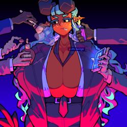 big_breasts black_sclera breasts cottonwings demon demon_girl demon_horns female gangster horns huge_breasts looking_at_viewer peppermint_(cottonwings) pointy_ears red_skin smoking tagme tail yellow_eyes