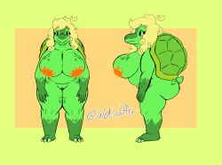 anthro areola ass big_areola big_breasts big_butt blonde_hair breasts claws curled_hair female genitals green_eyes hair nipples orange_areola orange_nipples pussy reference_image reptile scales scalie shell solo tetra_(wetwaffls) tortoise turtle wetwaffls