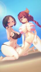 2girls 3d 3d_(artwork) bent_over big_breasts bikini dragon_girl elma_(dragon_maid) elmast_ female female_only hyper_breasts ilulu_(dragon_maid) kobayashi-san_chi_no_maidragon looking_at_viewer miss_kobayashi's_dragon_maid striped_bikini