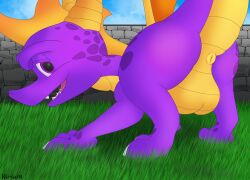 activision anus ass backsack balls big_butt claws cloud digital_media_(artwork) dragon feral genitals grass hi_res horn looking_at_viewer looking_back male membrane_(anatomy) membranous_wings open_mouth outside plant presenting presenting_anus presenting_balls presenting_hindquarters puffy_anus purple_body purple_eyes scalie simple_background sky smile solo spyro spyro_the_dragon thick_thighs tongue varium video_games wall_(structure) western_dragon wings