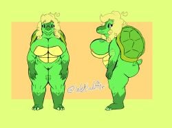 anthro areola ass big_breasts big_butt blonde_hair breasts claws curled_hair female genitals green_eyes hair orange_areola pussy reference_image reptile scales scalie shell solo tetra_(wetwaffls) tortoise turtle wetwaffls