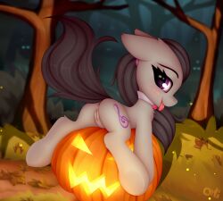 2022 anus ass black_hair blush cutie_mark earth_pony equid equine female female_only feral friendship_is_magic genitals hair hasbro hi_res hooves horse jack-o'-lantern looking_at_viewer looking_back looking_back_at_viewer mammal my_little_pony octavia_(mlp) omiart pony purple_eyes pussy solo tongue tongue_out