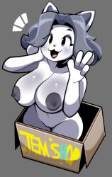 4_fingers big_breasts box breasts cat cat_ears cat_tail child_bearing_hips curvaceous eyeliner female female_only furry furry_only gray_eyes gray_hair hand_on_head letherisreal long_hair messy messy_hair naked no_bra no_panties peace_sign temmie_(undertale) text thick_thighs thighs undertale undertale_(series) voluptuous white_body white_fur white_skin yiff