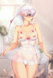 1girls alisaie_leveilleur blue_eyes blush breasts dynoxter earrings elezen elf elf_ears elf_female exposed_breasts female female final_fantasy final_fantasy_xiv lifting_skirt light-skinned_female lingerie loporrit nipples panties ponytail ribbon see-through thighs wedding_lingerie white_hair