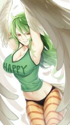 1girls ahoge armpits arms_up asutora belly belly_button big_breasts black_panties breasts cleavage clothes_writing female female_focus female_only green_hair green_shirt hair_between_eyes harpy harpy_humanoid huge_breasts large_breasts light_skin long_hair looking_at_viewer midriff monet_(one_piece) monster_girl navel one_piece open_mouth orange_eyes pale-skinned_female pale_skin panties parted_lips simple_background smile solo tail_feathers teeth teeth_showing teeth_visible thin_waist underwear white_background white_wings winged_arms wings