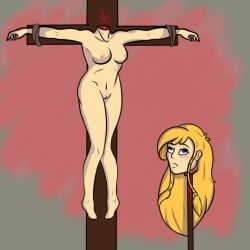 blonde_hair blood blue_eyes braided_hair breasts crucifixion dead death decapitation erect_nipples execution female_death guro head_on_spike long_hair mrddragon nipples nude_female public pussy solo_female submissive submissive_female torture vagina