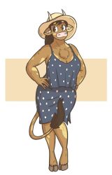 anthro bovid bovine breasts chest_tuft cleavage clothed clothing cow_horns female fur furry furry_only hands_on_hips hips hooves horns horns_through_headwear molly_(slightlysimian) pink_nose simple_background sleeveless_dress slightlysimian solo spotted_clothing spotted_dress sun_hat tail