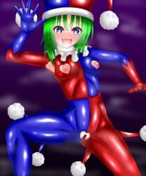 ass_visible_through_thighs breasts clown clown_girl clown_makeup clown_nose clownification eiki_shiki girugame1990 nipples pussy thick_thighs touhou transformation