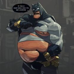 angry batman batman_(series) big_belly big_chin dc_comics gloves grabbing_belly male_only masked masked_male muscular_male obese obese_male pierced_nipples ripped_clothing soft_belly solo speech_bubble sweatdrop white_eyes yoink_0(artist)