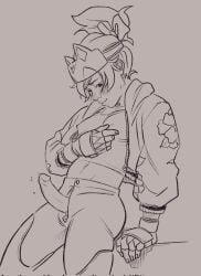 1futa 2022 2d athleisure_kiriko big_penis breasts clothed clothing erection futa_only futanari human kiriko_(overwatch) line_art matsugonsfw monochrome mostly_clothed nipple_tweak open_fly open_pants overwatch overwatch_2 penis penis_out penis_through_fly precum self_fondle sketch small_breasts solo standing