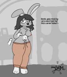 anthro chest_tuft clothed clothing dialogue dimsun disembodied_penis duo female floppy_ears genitals imminent_sex lagomorph leporid male mammal navel partially_clothed penis rabbit simple_background tuft