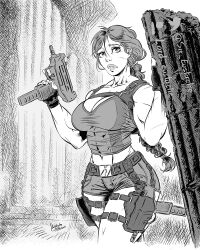 1girls backpack bag belt clothing female female_only firearm gun handgun handwear human lara_croft lara_croft_(classic) legwear lord_eustache monochrome pinup pinup_pose solo submachine_gun tomb_raider weapon