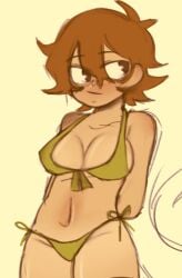 1girls arms_behind_back big_breasts bikini blush breasts brown_eyes brown_hair cleavage color colored_sketch female genderswap_(mtf) green_bikini rule_63 short_hair snufkin snufkins_sweat solo the_moomins white_background