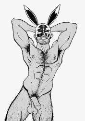 armpits arms_behind_head black_and_white bunny_ears easter flaccid flaccid_penis foreskin hairy male male_only muscles muscular muscular_male penis samuel_harris_(artist) uncircumcised uncolored uncut