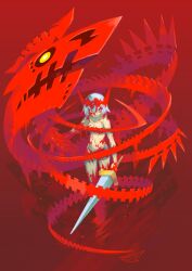 1girls angry blood blood_on_breasts blood_on_face bloodbath censored convenient_censoring dragon dragon_girl dragon_horns dragon_marked_for_death empress_(dmfd) frown inti_creates looking_at_viewer medium_breasts nude red_eyes red_scales sword tomycase white_hair