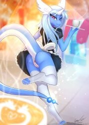 anthro anus blue_body clothed clothing dragonair female generation_1_pokemon genitals hi_res holding_object kathiras looking_at_viewer maid_uniform nintendo no_underwear one_eye_closed pokémon pokémon_(species) pokemorph pussy solo son237 uniform video_games