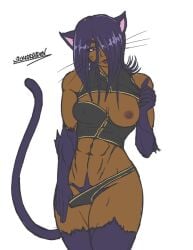 abs cat_ears cat_tail catgirl dark_skin dejune exposed_breasts fit fit_female imminent_sex kemonomimi looking_at_viewer monster_girl muscles muscular_female oc original original_character pink_eyes pubic_hair pulling_panties purple_eyes purple_fur purple_hair skimpy_clothes smile undressing whisker wickedraiden