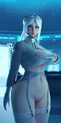 3d big_breasts blue_eyes cosplay crossover_cosplay hand_on_breast irelia_xan ireliabubblebutt league_of_legends lingerie nier:_automata pussy thick_thighs thighhighs white_hair yorha_commander