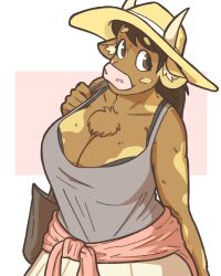 anthro big_breasts bovid bovine breasts brown_eyes carrying_bag chest_tuft cleavage clothed clothing cow_horns female fur furry furry_only horns horns_through_headwear molly_(slightlysimian) pink_nose purse simple_background slightlysimian solo sun_hat