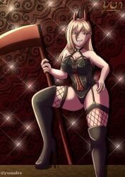 blonde_hair chainsaw_man corset dominatrix femme_fatale fishnet_legwear horns leather leather_boots leather_clothing pointy_teeth power_(chainsaw_man) scythe stockings yunalts