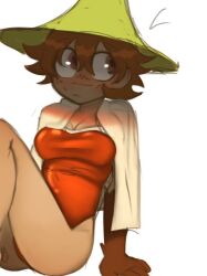 brown_eyes brown_hair color female female_only furry_arms genderswap_(mtf) hat headwear humanoid leotard red_leotard rule_63 shaded_face short_hair sitting snufkin snufkins_sweat solo the_moomins white_background