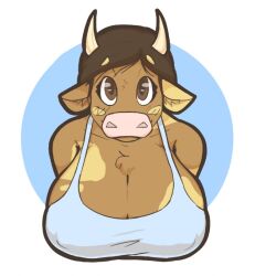 anthro big_breasts blue_clothing bovid bovine breasts brown_eyes cleavage clothing cow_horns female fur furry furry_only horns looking_at_viewer looking_up_at_viewer molly_(slightlysimian) simple_background slightlysimian spaghetti_strap tank_top