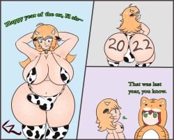 1futa 1girls 2022 armpits arms_behind_head arms_up balls big_ass big_breasts big_butt big_penis bovine breasts bulge bulge_through_clothing clothed clothing cow_bikini cow_ears cow_print erection female freckles freckles_on_breasts freckles_on_face futa_focus futa_only futanari ghagalaz green_eyes green_hair huge_ass huge_breasts human light-skinned_futanari light_skin long_hair monze_(ghagalaz) mostly_nude new_year new_year_2022 penis plump red_hair rouge_(ghagalaz) sister sisters solo_focus squatting standing stockings text thick_thighs tiger_print twins wide_hips year_of_the_ox year_of_the_tiger