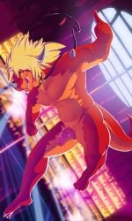 3:5 4_toes 5_fingers abs absurd_res animal_genitalia anthro anthrofied athletic athletic_anthro athletic_male bedroom biceps biped blonde_hair brown_eyes bushiroad claws cloaca collar countershading crowd detailed detailed_background dragon drum_bunker_dragon erection fangs feet fingers future_card_buddyfight genitals gesture group hair hi_res horn knot leash licking looking_at_viewer male male_focus multicolored_body muscular muscular_anthro muscular_male navel nubbed_penis nude orange_body orange_countershading orange_scales pecs pengon1 penis pole pose red_body red_scales scales scalie seductive self_lick shaded silhouette slit smile solo_focus solo_male spikes spikes_(anatomy) strip_club stripper_pole tapering_penis teeth toe_claws toes tongue tongue_out two_tone_body upside-down