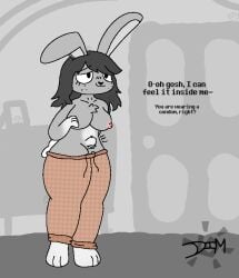 anthro chest_tuft clothed clothing dialogue dimsun disembodied_penis duo female floppy_ears genitals lagomorph leporid male mammal partially_clothed penis rabbit simple_background stomach_bulge tuft