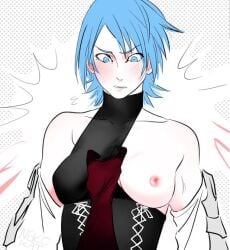 1girls aqua_(kingdom_hearts) bare_shoulders black_dress blue_eyes blue_hair blush breasts_outside exposed_breasts kingdom_hearts laces nekokat42 one_breast_out pulling_clothing short_hair sleeves surprised unversed vanitas