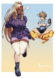 ! 1boy 1girls 2021 2d 2d_(artwork) :o amber_eyes amelia_(mr.cinders) big_breasts big_thighs blonde_hair boots booty_shorts breasts brown_hair busty chim_(mr.cinders) coat curvaceous curved_horns curves curvy curvy_body curvy_female curvy_figure curvy_hips dark-skinned_female dark_skin female female_focus floating genie gyaru gym_shorts hi_res highres horns houjoh hourglass_figure large_breasts large_thighs long_hair male monkey monkey_tail mr.cinders open_mouth purple_sweater short_hair slim_waist smaller_male socks surprised tall_female taller_female taller_girl thick_thighs thigh_socks thighhighs thighs tongue tongue_out turtleneck turtleneck_sweater very_long_hair voluptuous white_socks